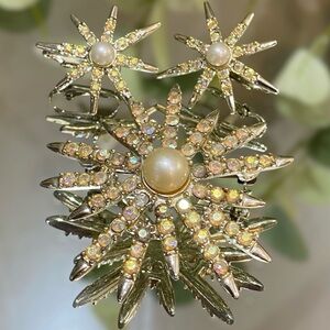 Emmons Brooch Earring Set Vintage Rhinestone Pearl Star Aurora Borealis Estate